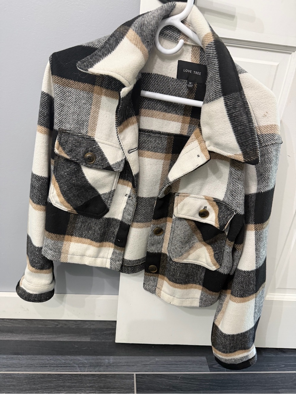 Love Tree Black, Cream & Tan Plaid Cropped Shacket